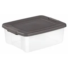 This 6.3-gallon storage tote features a clear plastic body for quick content identification and a gray lid with latch-on closure for secure containment. Suitable for organizing household items, tools, or industrial supplies in warehouses, workshops, and home storage areas.