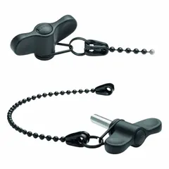 Plastic tethered wing knob with M8 threaded stud, 40 mm thread length. Includes a 200 mm nominal tether in black POM-based technopolymer. Used as a captive fastening solution for machine guards, panels, and access doors requiring frequent manual adjustment or secure closure.