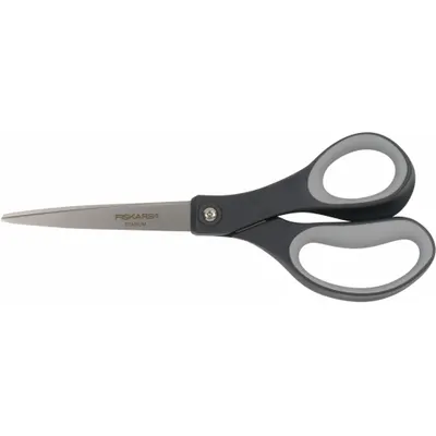 FISKARS Scissors: Right-Hand, 8 in Overall Lg, Straight, Stainless Steel, Pointed - Offset Plastic-Handle Scissors