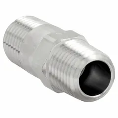 This inline piston check valve features a stainless steel body and piston for corrosion resistance. It prevents backflow in piping systems, suitable for applications such as water treatment, chemical processing, and pneumatic controls. Connections are 1/4 in male NPT on both ends.