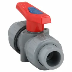 This CPVC ball valve features a straight body with socket x FNPT connections and a standard port ball port. The lever handle provides manual two-way flow control. Suitable for use in CPVC piping systems requiring corrosion resistance.