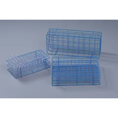This steel test tube rack is designed for benchtop use, providing 72 compartments to hold up to 72 test tubes securely. The blue finish and compact footprint (4 1/2 in wide, 15 3/4 in tall) make it suitable for organizing samples in laboratory or industrial settings.