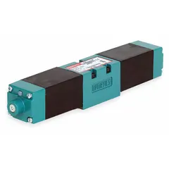 Four-way, three-position solenoid air control valve with double solenoid and internal pilot/remote pilot operation. Features a 24V DC solenoid coil, plug-in design, and non-locking manual override. Used in pneumatic systems to direct compressed air for actuation of cylinders or other devices.