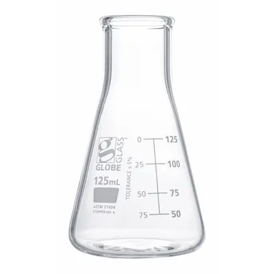 GLOBE SCIENTIFIC Erlenmeyer Flask: 125 mL, Colorless, Conical, A - Glass Erlenmeyer Flasks
