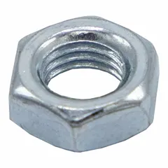 This Parker jam nut is a thin threaded nut with #10-32 thread size, designed to fit bore diameters from 7/16 to 9/16 inches. It is used to lock another nut or component in place on a threaded fastener, preventing loosening from vibration in industrial machinery, fluid power systems, and mechanical assemblies.