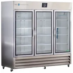 This upright pharmacy refrigerator provides a 2°C to 7°C temperature range for storing temperature-sensitive medications and vaccines. It features a white swing glass door, a temperature alarm, and uses R-290 refrigerant. Overall depth is 35 3/4 in.