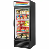 Black glass-door merchandiser with 4 shelves, measuring 78 5/8 in x 30 in x 29 7/8 in. Uses R-290 refrigerant. Suitable for displaying and storing refrigerated or frozen products in commercial settings such as convenience stores, supermarkets, and food service operations
