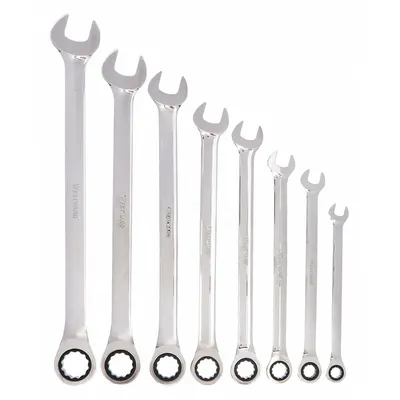 WESTWARD Combination Wrench Set: Alloy Steel, Chrome, 8 Tools - SAE 12-Point Ratcheting Combination Wrench Sets