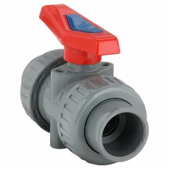 Two-piece CPVC ball valve with straight body, socket x FNPT connections, and lever handle. Used for on/off or flow control in piping systems handling corrosive fluids, water treatment, and chemical processing.