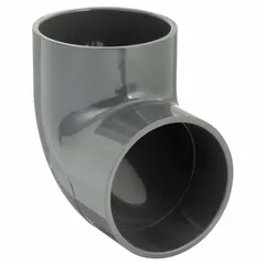 PVC elbow with 90° angle for 4 in duct diameter. Overall length 4 1/2 in. Used to change airflow direction in ventilation, fume exhaust, and material-handling ductwork.