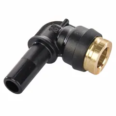 Brass and composite push-to-connect elbow fitting for connecting 1/4 in OD to 3/8 in OD tubing. Provides a secure, leak-free joint without tools. Suitable for pneumatic and air brake systems in tight spaces. Pack of 5.