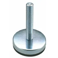 This male leveling mount features a 5/8"-11 threaded stud and a round base with plain finish. The rubber thrust pad provides non-skid grip and vibration dampening. Rated for 500 lb load capacity, it is used for leveling and stabilizing machinery, conveyors, and workstations