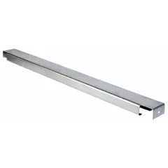 This steel crossbar is galvanized for corrosion resistance and measures 3 in x 36 in x 1 5/8 in. It is used in pallet rack systems to provide lateral stability and support for wire decking or palletized loads in industrial storage environments.