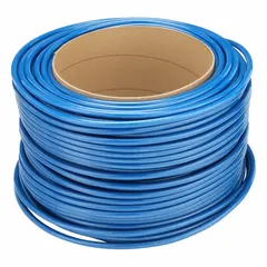 Metric polyurethane tubing with 10 mm inner diameter and 12 mm outer diameter, supplied in 500 ft length. Blue color, Shore A 90 to 95 hardness, rated for maximum operating pressure of 150 psi at 180°F. Suitable for pneumatic systems, fluid transfer, and instrumentation applications.