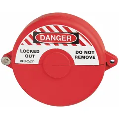 Red hinged gate valve lockout marked 'Danger' designed for hand wheels with a minimum diameter of 1 in and a maximum diameter of 2 1/2 in. Used in lockout/tagout procedures to prevent accidental valve operation during maintenance.