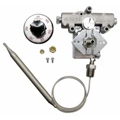 Gas thermostat for LP fuel, dial range 200 to 400, temperature range 200°F to 500°F. Features 1/4" tubing, 3/8" bulb diameter, and 30" capillary. Compatible with South Bend Range Universal series. OEM replacement part GSE-01-036-00-00.