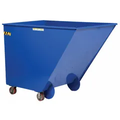 Steel tilt truck with 40 cu ft capacity and 2000 lb load rating. Blue finish. Dimensions: 65 1/4 in length, 38 1/4 in width, 46 1/8 in height. Equipped with (2) rigid casters. Used for collecting, transporting, and dumping bulk materials in industrial facilities.