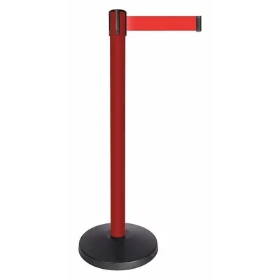 QUEUEWAY Barrier Post with Belt: Red, No Pattern, No Legend, 10 ft Belt Lg, Red - Solid-Color Retractable Belt Post Barriers