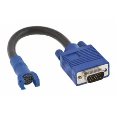 This adapter connects a VGA Female source to an 8-Pin DIN Female device. It is used in audio/video signal routing for applications such as industrial displays, CCTV systems, or legacy AV equipment requiring VGA-to-DIN conversion. The blue housing indicates its specific connector configuration.