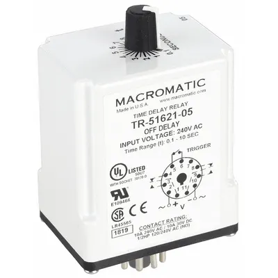 MACROMATIC Single Function Time Delay Relay: Socket Mounted, 240V AC, 10 A - Socket-Mounted Relays