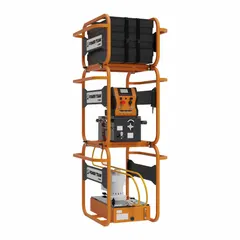 This portable motion control system operates on 64 VDC and delivers a maximum flow of 700 cu in/min at up to 10,000 psi. It is single acting and includes model PB43MX2-1. Typical applications include industrial lifting, pressing, and positioning tasks that require precise hydraulic control.