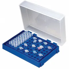 This yellow polypropylene test tube rack holds up to 96 tubes and is designed for benchtop use. It measures 9 3/4 inches long by 4 3/4 inches wide by 2 inches high. The rack provides corrosion-resistant organization for sample handling and preparation in laboratory workflows.