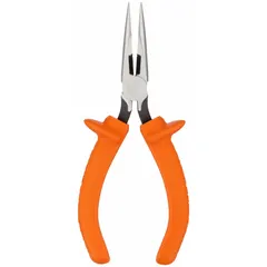 Insulated needle-nose pliers with 2 in jaw length, 3/32 in tip width, 6 7/8 in overall length, and 2 in max jaw opening. Includes built-in wire stripper. Used for bending, looping, and cutting wire in electrical work.