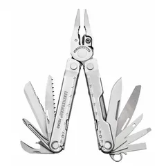 Full-size stainless steel multi-tool with fold-out pliers, featuring 17 tools and 17 functions. Includes regular pliers, premium replaceable wire cutters, and an electrical crimper. Closed length of 4 inches. Suitable for cutting, crimping, and gripping tasks in maintenance, electrical work, and field service.