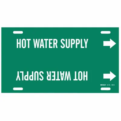 BRADY Pipe Marker: Hot Water Supply, Green, White, Fits 10 to 15 in Pipe O.D. - Hot Water Supply Strap-On Pipe Markers