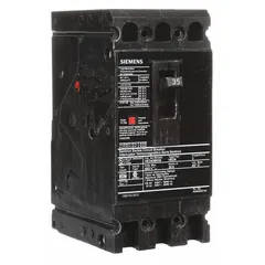 Siemens HED4 series molded case circuit breaker, 35 A, ED-frame. Rated 42 kA at 480 V AC with fixed instantaneous trip. ABC phase connection and load-side lug terminals. Used for overcurrent protection in power distribution panels, motor control centers, and switchboards.