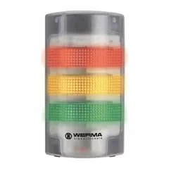 Three-tier tower light assembly with green, red, and yellow light tiers and an integrated sounder tier. Overall height is 195 mm. Operating voltage is 24V AC/DC. Provides visual and audible status indication for industrial machinery and process lines.