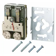 Pneumatic dual-temperature thermostat for heating and cooling control in HVAC systems. Temperature range 45° to 85°F. Two high-volume pipes with direct action at 25 psig and reverse action at 18 psig. Designed for vertical mounting; cover not included.
