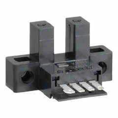 The OMRON EE-SX671 is an L-slot photoelectric sensor with a built-in connector, operating on a 5-24V DC supply voltage and providing an NPN output. It is used for non-contact object detection in industrial automation, such as position sensing on linear actuators or conveyors.