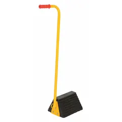 Single rubber wheel chock for trailers. Overall dimensions: 19 1/2 in length, 8 in width, 37 1/8 in height. Ergonomic handle aids placement and removal. Used to secure trailers during loading or parking to prevent unintended movement.