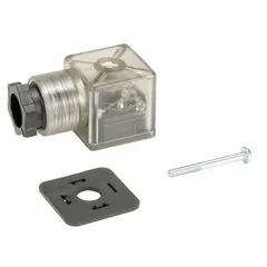This solenoid connector is designed to DIN 43650 Form C for use with 15 mm coil sizes. It operates at 24V AC/DC and includes an indicator light for visual status feedback. The plug-in design facilitates quick electrical connections in pneumatic valve systems.