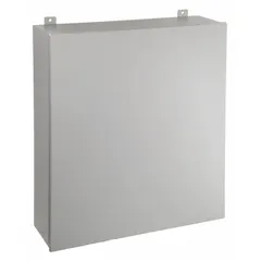 This WIEGMANN steel enclosure measures 30 x 20 x 7 inches and is rated NEMA 12/13 for protection against dust, dirt, and dripping non-corrosive liquids. It features a solid hinged cover secured by screws and does not include knockouts. Suitable for housing electrical controls, instruments, and components in industrial environments.