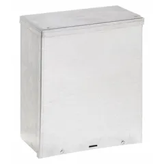 Galvanized steel enclosure rated NEMA 3R for outdoor or indoor use, protecting electrical equipment from rain, sleet, and ice. Measures 15 x 12 x 6 inches with a solid screw-on cover and clamps. Includes knockouts for conduit entry.