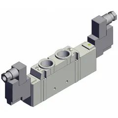 Double solenoid, five-way/three-position, closed-center directional control valve with 5 ports and 24V DC operation. Features spring return to center, DIN solenoid connector, internal pilot, and non-locking manual override. Used in industrial pneumatic systems for directing compressed air in automated machinery.