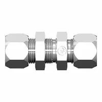 Flareless bite-type steel compression union for connecting two tubes of equal outside diameter. Suitable for hydraulic and pneumatic systems requiring leak-tight connections without tube flaring. Thread size 3/4-16 x 3/4-16