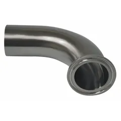 This 90° elbow is a 316L stainless steel sanitary tube fitting with 1/2 in OD connections and clamp/weld ends. It is used to change flow direction in piping systems for sanitary processes. Complies with USP 87 standards.