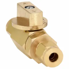 Two-piece brass ball valve with 1/4-inch sweat connections for copper tubing. Straight body with tee handle provides manual on/off flow control. Suitable for low-pressure fluid systems in plumbing and HVAC applications.
