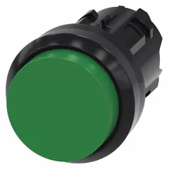 This Siemens extended-length push-button operator is a momentary, non-metallic unit with a 22 mm mounting size. It is designed for use in industrial control panels and machine control applications where extended operator reach is required. The green actuator provides clear visual indication of function.