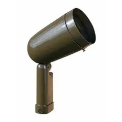 Incandescent outdoor flood and accent light rated for 100W at 120V AC. Features a bronze housing with overall length of 5 1/2 inches and width of 3 7/8 inches. No lamp included. Used for highlighting architectural features, landscaping, or signage in outdoor settings.