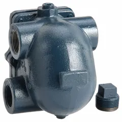 This cast iron C-pattern float and thermostatic steam trap automatically drains condensate from steam lines while preventing steam loss. It has a 1 in FNPT connection, a capacity of 1,150 lb/hr, and a maximum operating pressure of 175 psi with a maximum temperature of 377°F. The float is made of stainless steel, and the trap is designed for horizontal installation. Suitable for condensate removal in steam systems.