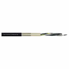 Hybrid cable combining power and signal conductors in a single PUR-jacketed assembly. Conductor grouping consists of (2) three-pair 16 AWG and (3) three-pair 8 AWG plus an 8 AWG ground. Minimum bend radius is 5 x OD for fixed installation and 8 x OD for flexible installation. Sold by the foot.