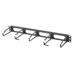 Steel horizontal ring-style cable manager for routing and organizing patch cables in standard 19-inch racks. Single-side design with 1U height. Black finish. Suitable for data center and telecom cabling applications.