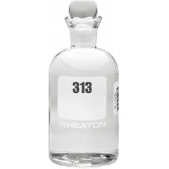 This 300 mL glass BOD bottle features a narrow mouth and a colorless body, sealed with a pennyhead stopper. It is designed for biochemical oxygen demand testing in water quality analysis. The bottle meets ASTM and USP standards and measures 165 mm in height.