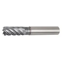 This reduced-neck carbide corner-radius end mill is designed for fast cutting of stainless steel and super alloys. It features 7 flutes and an AlTiN coating for efficient material removal. With a 10 mm mill diameter and 22 mm length of cut, it is suitable for high-speed machining operations.