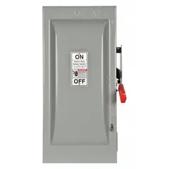 The Siemens HF323N is a 100 A, three-phase fusible safety switch rated for 240V AC. It features a galvanized steel enclosure designed for indoor use. This switch provides overcurrent protection and a visible break for safe disconnection in industrial and commercial electrical systems.