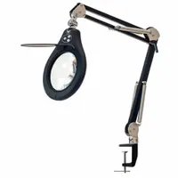 This desk-clamp magnifier light features a 2.25x glass lens (5 diopter) and an 880 lm LED for bright, shadow-free illumination. The 45 in metal articulating arm allows flexible positioning over a workbench. ESD safe, operates at 120V AC. Suitable for detailed inspection and assembly tasks